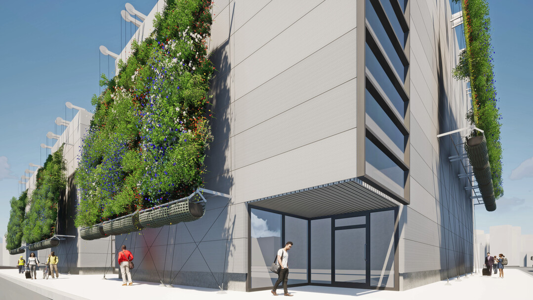 Das Rendering zeigt den mglichen Einsatz als khlendes Grn vor einer Hitze produzierenden Fassade, die Befestigung am Boden ist oberirdisch.
