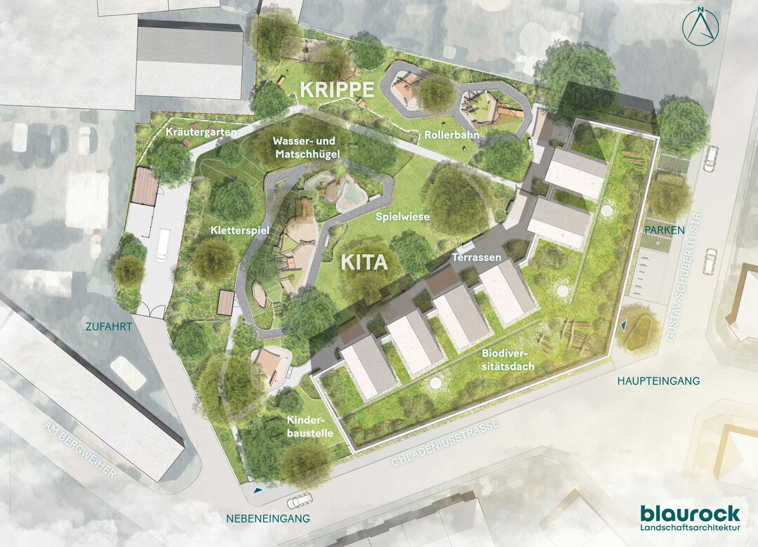 Im Lagplan der Kita in Groenhain ist das groe Biodiversitts-Grndach gut sichtbar.