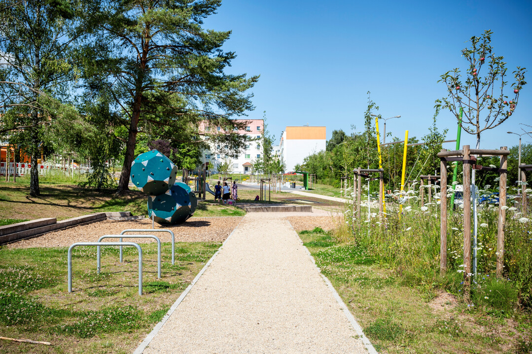 Die trkisfarbenen Kletterwrfel aus recyceltem Kunststoff (Kompan) passen zu den Zielen der Planung, CO
<sub>2-</sub>
arm und ressourcensparend zu bauen.