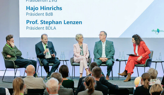 Zukunftspanel mit Vertreter:innen der Grnen Branche, v. l.: Prof. Stephan Lenzen, Thomas Banzhaf, Eva Khler-Theuerkauf, Hajo Hinrichs und Moderatorin Katie Gallus