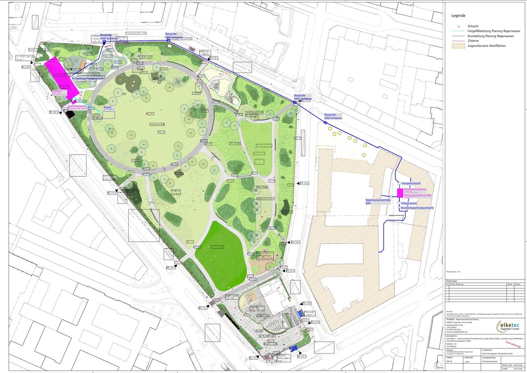 Preuenpark: von der Regenwasserzentrale auf dem Gebergelnde zur Versickerungsrigole auf der Nehmerflche