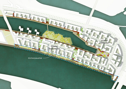 Lageplan Quartier Baakenhafen: Der Kirchenpauerkai bildet das südliche Ende und grenzt an die Elbe.