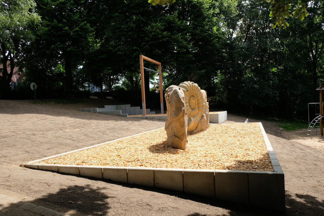 Ein Plateau mit Fallschutzbelag fasst die drei Kletter-Ammoniten.