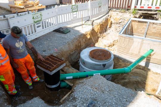 Effiziente ACO-L�sung: Schwammstadt Stra�enablauf und Revisionsschacht mit R�ckstauklappe