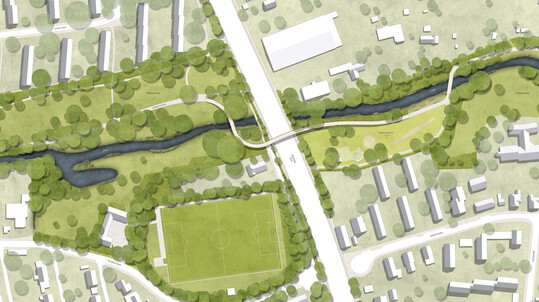 Grundriss: Der Siegerentwurf von LCK überquert die B61 und begleitet die Dalke ostwärts.