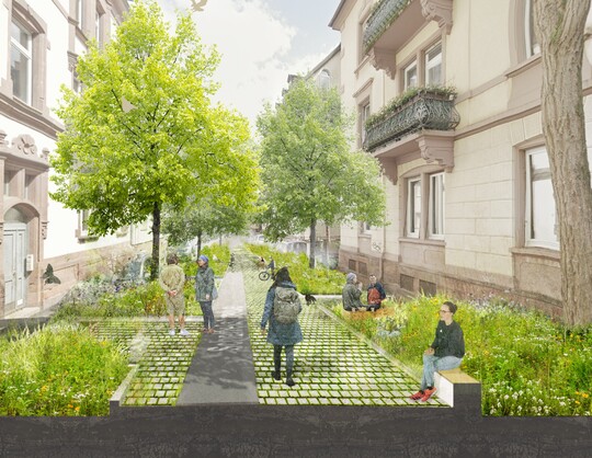 Radikaler "Klimapilot" fr einen typischen Straenquerschnitt in Freiburg. So knnte Bauen im Bestand aussehen. 