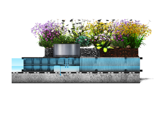 Der Wasseranstau im unteren Bereich des HydroSpacers HS 170 verbleibt auf dem Dach und ist damit längerfristig pflanzenverfügbar. Regnet es weiter, füllt sich kurzfristig auch der obere Bereich. Dieses Wasser läuft verlangsamt über die Retentionsdrossel ab.