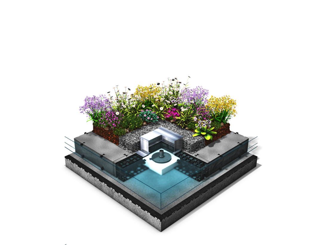 Der HydroSpacer HS 170 im ZinCo-Systemaufbau „Sponge City Roof“ speichert bis zu 160 l/m² Wasser. Bis zu 11 l/m² können dabei täglich an die Bepflanzung abgegeben werden.