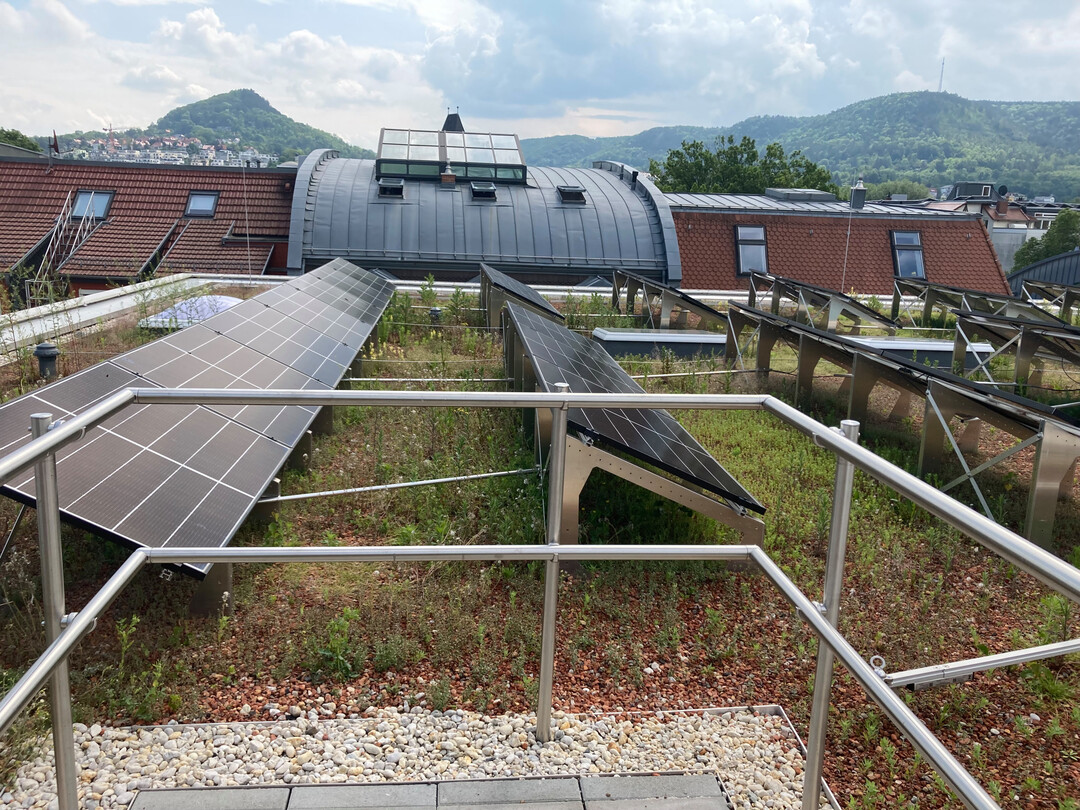 Der Dachaustritt ist hier mit umlaufenden Gelndern gesichert und die Dachrnder mit dem Schienensystem Fallnet SR Rail.