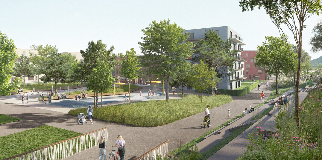 Integriertes Regenwassermanagement wird mittels landschaftlich gestalteter Versickerungsmulden erm�glicht. 