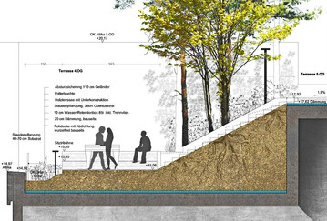 Schnittansicht Ausbildung der Gartentopographie samt Absturzsicherung. 