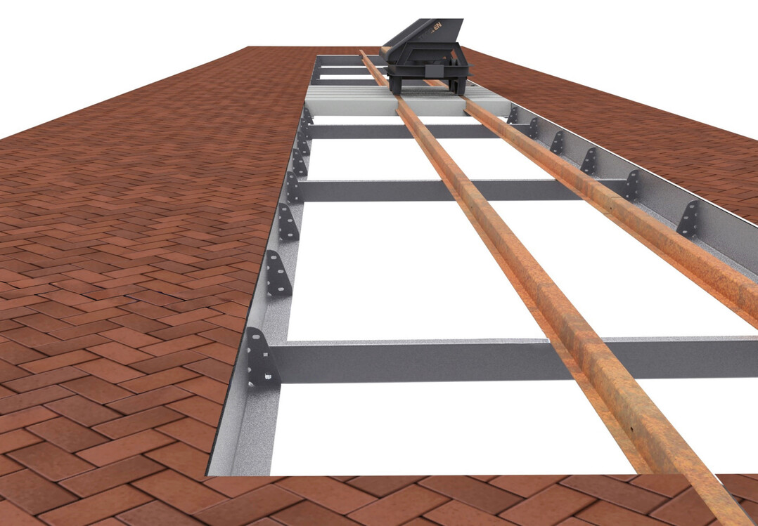 Verschraubung der Stahlschienen, die über die Pflanzbeete hinausreichen.