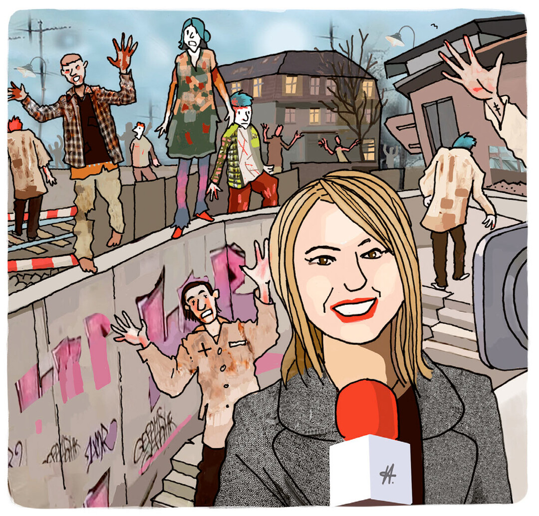„Am 20. Jahrestag der immer noch nicht abgeschlossenen DB-Tunnelsanierung, kamen heute wieder zahlreiche Schaulustige, um sich den traditionellen Zombie-Walk der ehemaligen Gewerbetreibenden anzusehen. Mit diesem Event wollen die in Konkurs gegangenen Geschäftsleute an ihr ehemals florierendes Stadtviertel erinnern.“