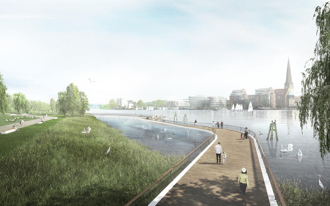 Fr die BUGA Rostock 2025 ist ein 600 m langer Steg geplant, der ein neues Parkareal erschlieen soll.          