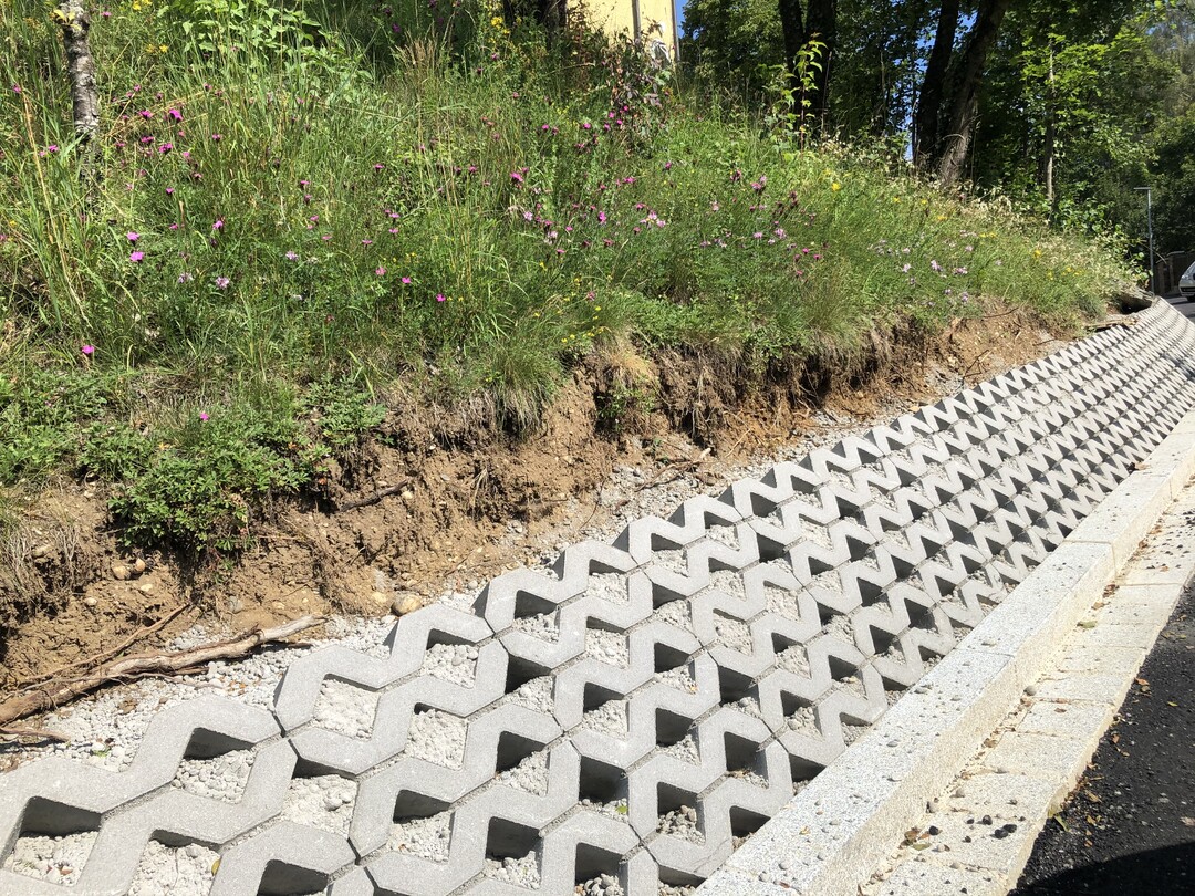 Vollkommen berbefestigt: Eigentlich htte der lagerungsstabile Boden keine zustzliche Befestigung gebraucht. So htte sich die Bschung nicht nur besser ins Ortsbild eingepasst, sondern wre auch ein wertvolles Biotop geworden. Zwei reihen regionaler Trockenmauersteine htten bei einer nicht lagerungsstabilen Bschung denselben Effekt erzielt - ohne das Ortsbild negativ zu beeintrchtigen. #Freiraumdoktor