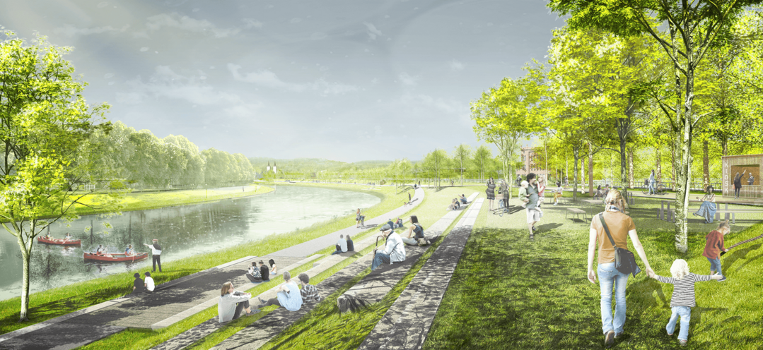 Weitere Uferbereich der Weser erhalten einen abgeflachten Zugang zum Wasser. 