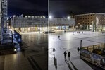 Kölner Bahnhofsvorplatz mit und ohne Sicherheitsbeleuchtung.