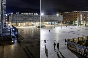 Klner Bahnhofsvorplatz mit und ohne Sicherheitsbeleuchtung.