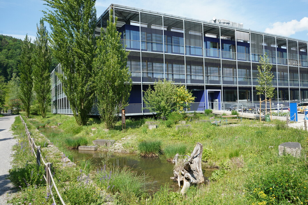 Nicht versiegelte urbane Grünräume – wie hier ein naturnah gestaltetes Firmengelände – helfen unter anderem beim Schutz vor Überschwemmungen, der Reduktion der Hitzebelastung, dem Erhalt der biologischen Vielfalt und der Reinigung der Luft von Schadstoffen.