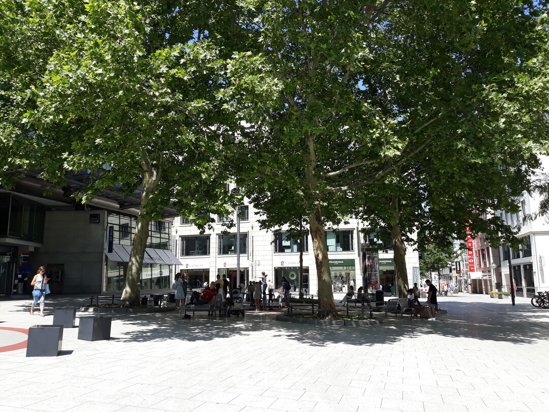 Stellen Sie sich einen innerstädtischen Platz im Sommer ohne Bäume und einen mit Bäumen vor. Wo würden Sie sich lieber aufhalten/im Straßencafé sitzen?