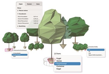 Korrekte 2D- und 3D-Darstellung des Wurzelballens und des Aushubs im Pflanzenwerkzeug. 