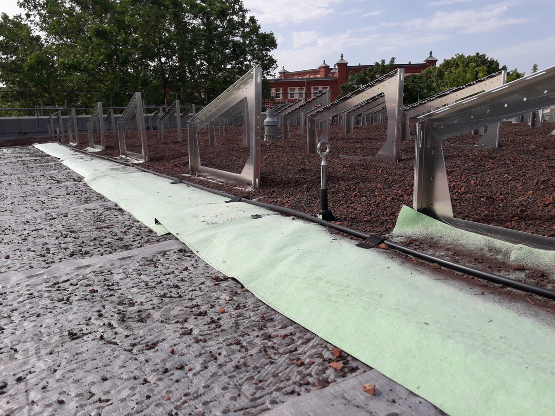 Auf Fixodrain XD 20 sind die Solarbasisplatten SB 200 mit den Solargrundrahmen platziert. Darber liegt das Aquafleece AF 300 (grn) mit seinen Tropfschluchen.